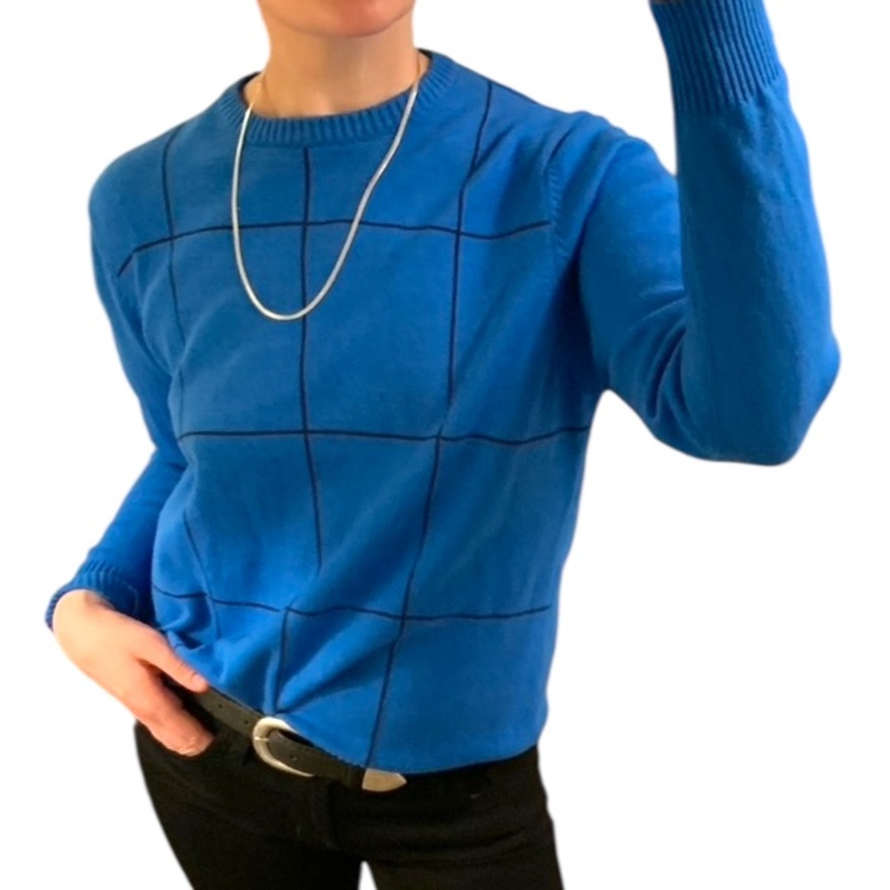 Vintage JOHN ASHFORD Blue Black Checked Cotton Crew Neck Pullover Sweater Jumper - Picture 6 of 16